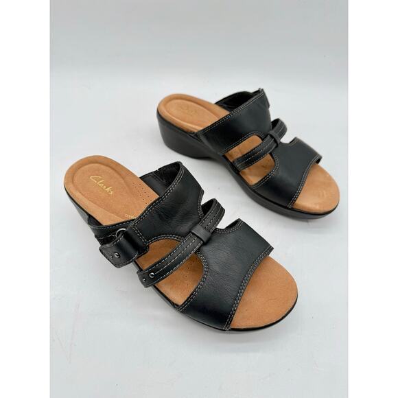 Clarks Tuleah Jane Black Leather Heeled Slide Sandals Women’s 10 Comfort Casual - Picture 2 of 8